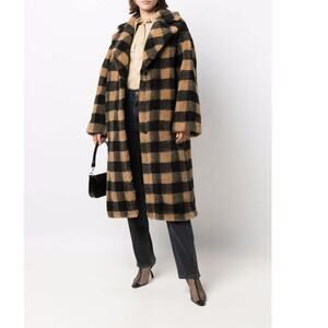 Stand Studio Sz XS / 34 Maria Buffalo Check Plaid Faux Fur Long Coat